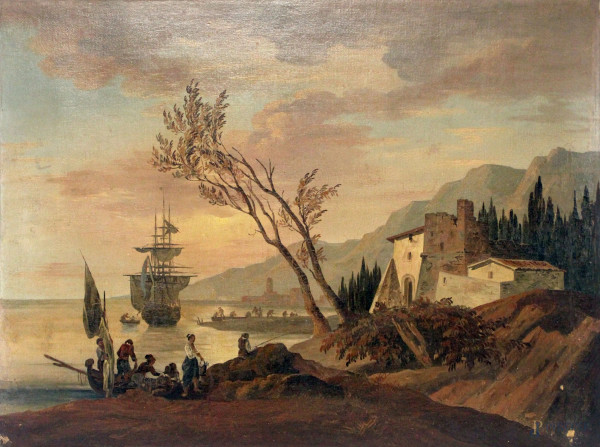 Pittore nordico del XIX secolo, Costa con veliero e figure, olio su tela, cm 54,5x73,  (piccole cadute di colore).