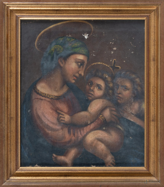 Madonna con Bambino, XIX-XX secolo, olio su cartone, cm 40x33, entro cornice (cadute di colore, difetti)