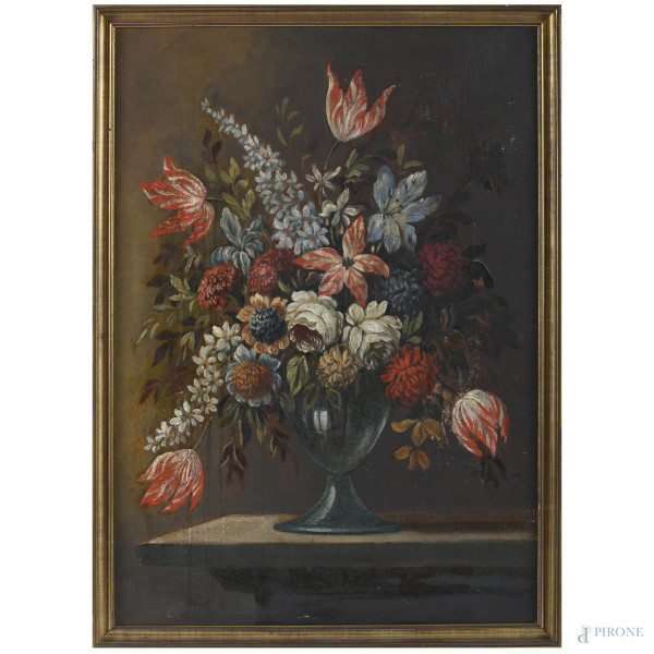 Coppia di nature morte, XVIII-XIX secolo, olio su tela, cm 69x47, entro cornice, (abrasioni)