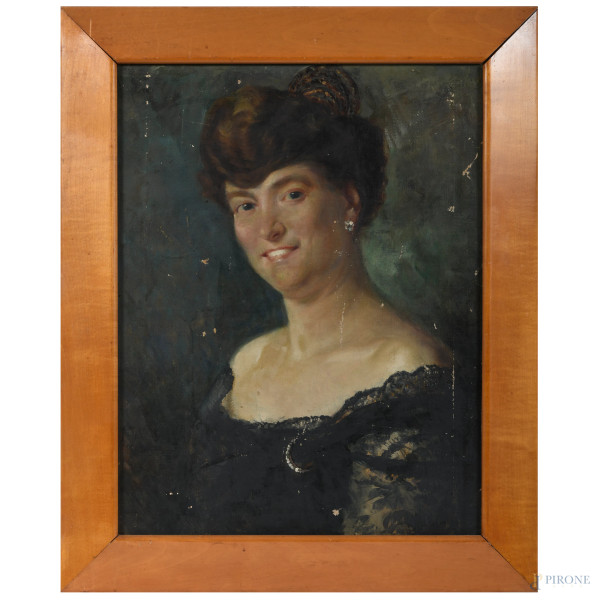 Ritratto di signora, XX secolo, olio su tela, cm 59,5x46,5, entro cornice, (graffi, cadute di colore, segni di battitura)