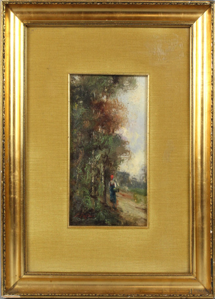 Paesaggio con viale e figura, olio su tavola, cm. 25x13, firmato F. Rontini, entro cornice.