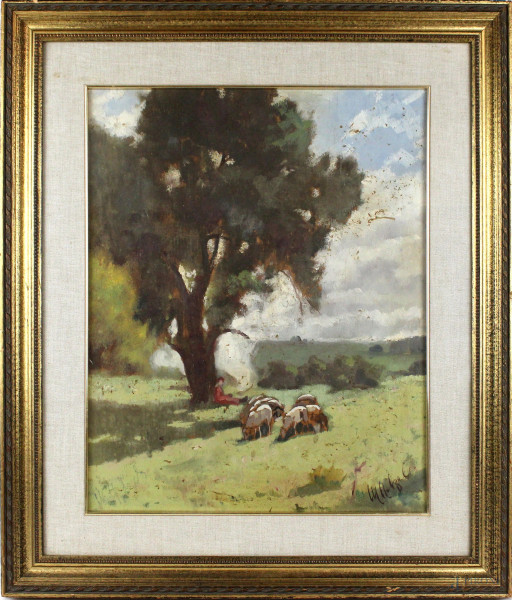 Paesaggio con albero, figura e gregge, olio su tavola, cm 40x49,5, firmato, entro cornice
