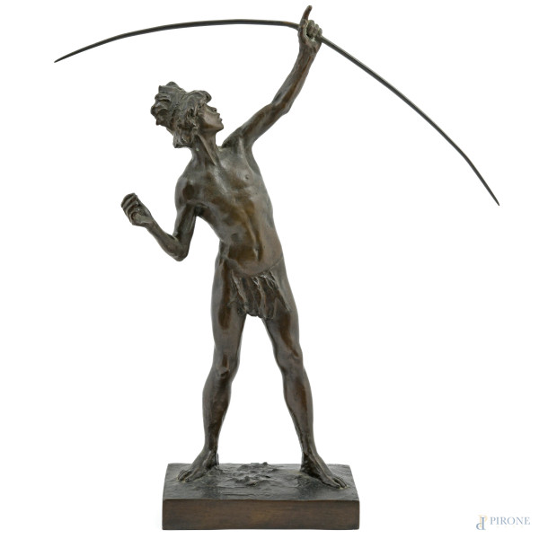Ettore Ximenes (1855-1926), Arciere, scultura in bronzo, altezza cm 50, firmato al retro e iscritto "FOND.ART. LAGANA'NAPOLI"