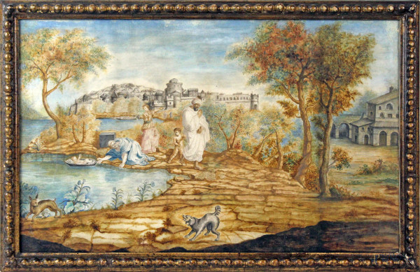 Da Nicolas Poussin (Les Andelys, 1594 – Roma, 1665), L'abbandono di Mosè nel Nilo, acquarello su carta  cm 38,5x62, entro cornice