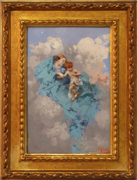 Vincenzo Irolli - Madonna con Bambino, olio su cartone telato, cm. 32x21, entro cornice.