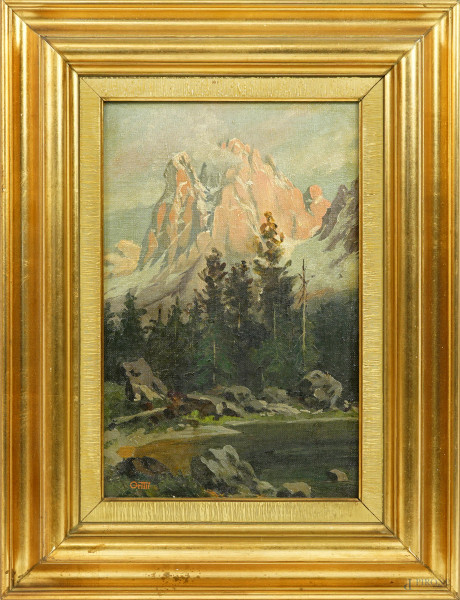 Paesaggio montano, olio su cartoncino telato, siglato a sinistra, XX secolo, cm 30x20, entro cornice