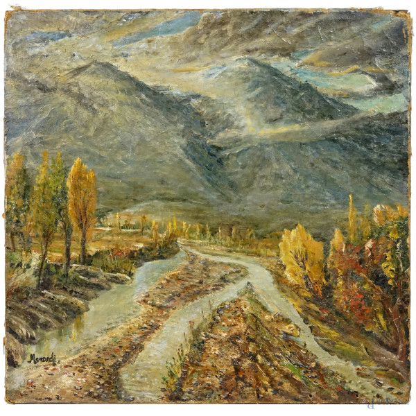 Paesaggio montano con fiume, olio su tela, cm 47x48,5, firmato, (difetti sulla tela)