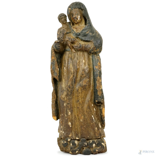 Madonna col Bambino, scultura in legno policromo, XVI-XVII secolo, cm h 63