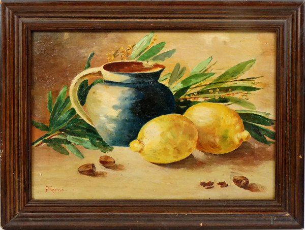 Natura morta, brocca e limoni, olio su tavola, cm 27x39, firmato, entro cornice.