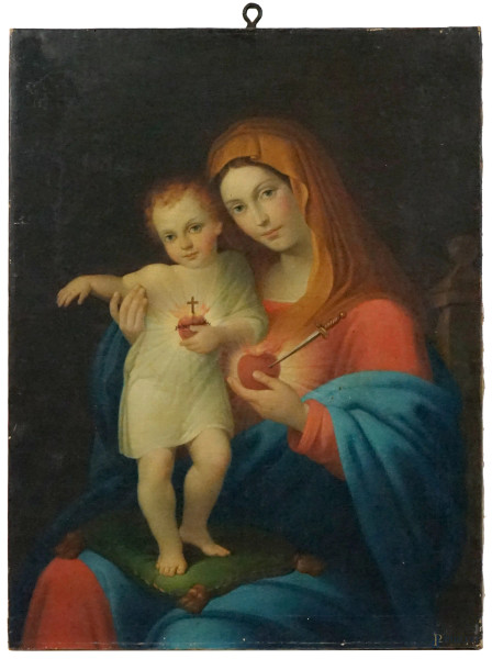 Madonna col Bambino e Sacro Cuore, olio su tela, cm 65,5x50,5, fine XIX secolo, (lievi difetti).