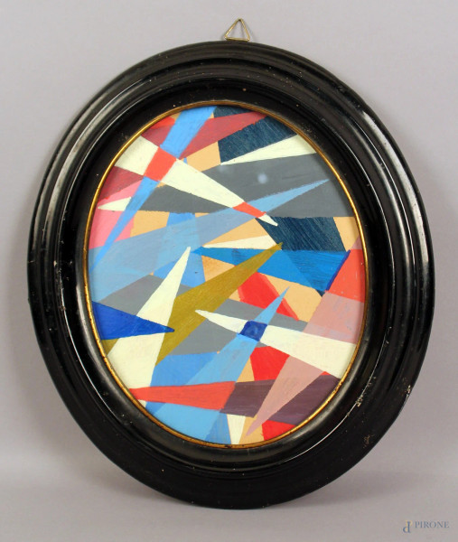 Composizione geometrica, olio su cartone ad assetto ovale, cm. 25x21, entro cornice.