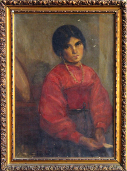 Ritratto di donna, olio su tela cm 70 x 50, entro cornice.