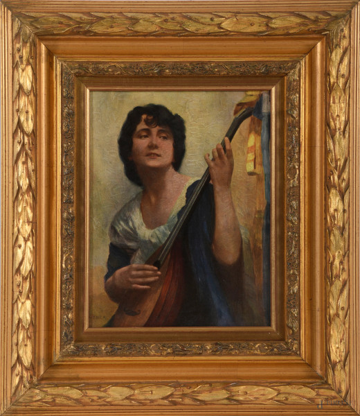 Donna con mandolino, stampa su carta applicata su cartone, XX secolo, cm 21,5x16,5 entro cornice, (difetti)