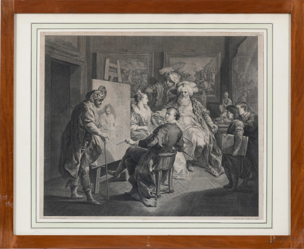Incisione da Charles van Loo, Il pascià fa ritrarre la sua amante, XIX secolo, cm 45,5x55,5, entro cornice, (segni di usura, tracce di umidità, gore, bruniture)