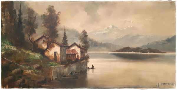 Mancini (XIX-XX sec.) Paesaggio lacustre con casolari e alberi, grande raffinato dipinto ad olio su tela, cm 60x120, firmato