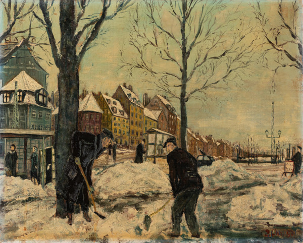 Strada innevata con figure, XX secolo, olio su tela, cm 54,5x67, firmato e datato 