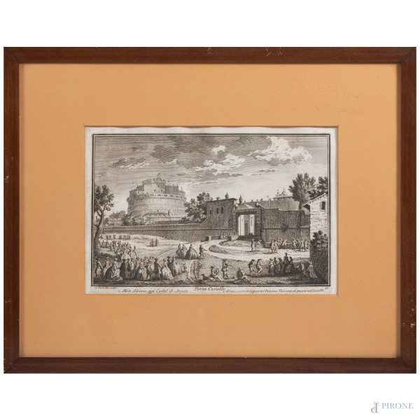 Guiuseppe Vasi (1710-1782), Veduta di Porta Castello, incisione, foglio cm 36x46 compreso passepartout, entro cornice, (foxing e tracce di umidità)