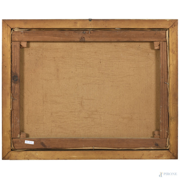 Coppia di dipinti raffiguranti vasi di fiori, olio su tela, misure massime cm 66,5x54, firmato in...