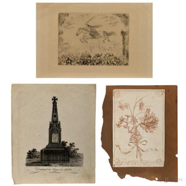 Lotto d tre incisioni: James Ensor (1860-1949), L'Angelo Sterminatore, 1889 ca.; Monumento della Vittoria a Kulm, e mazzo di fiori. XIX secolo, misure massime cm 23x19,5, (segni di usura, tracce di umidità, gore, foxing, lacerazioni della carta, tracce di piegatura)