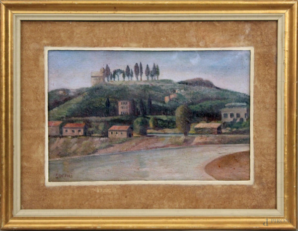Paesaggio della campagna toscana, olio su cartone, 24x15 cm, entro cornice firmato Soffici