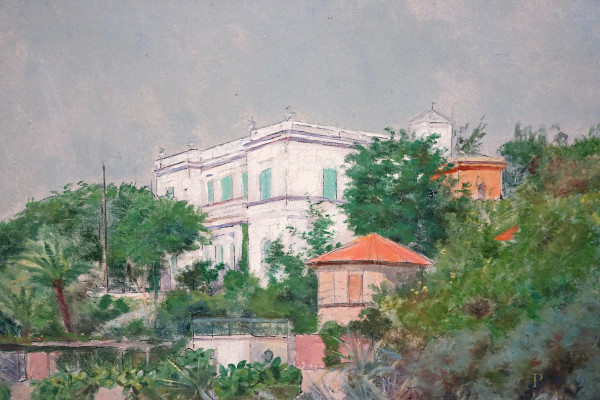 Paesaggio costiero con caseggiati, inizio sec. XX, olio su tela, cm 53x92, firmato "Sindies" in b...