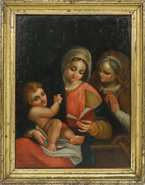 Madonna col Bambino e Sant'Anna, olio su tavola, cm 43,32,5, XIX secolo, entro cornice