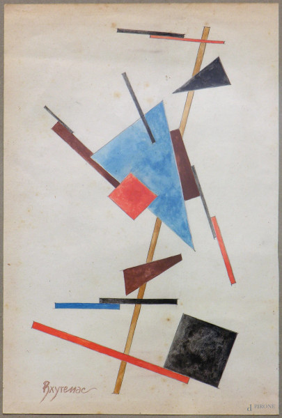 Artista russo del Novecento, composizione suprematista con forme geometriche, tempera su carta, cm 16x24, iscrizione in caratteri cirillici 