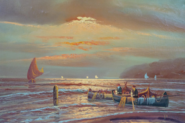 Marina con pescatori, olio su tela, firmato, cm 50x70, entro cornice