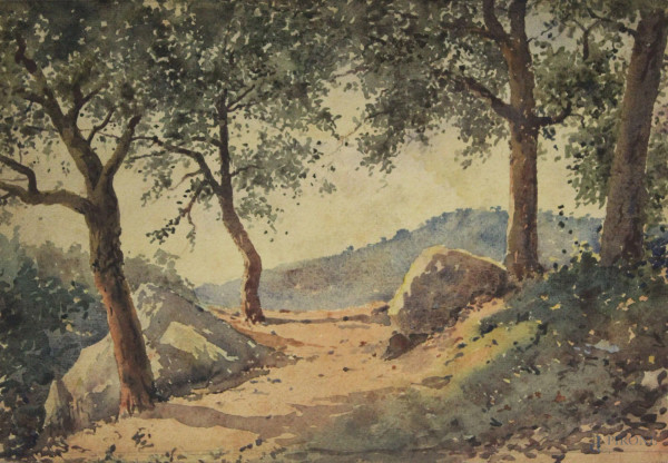Paesaggio con sentiero, acquarello su carta, 26x37, firmato F.Petiti