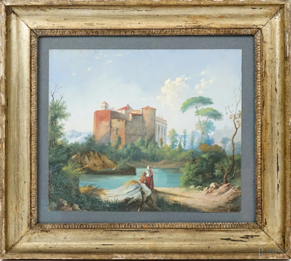 Paesaggio con castello e figure, tempera su carta, cm 24,5x29,5, XIX secolo, entro cornice.