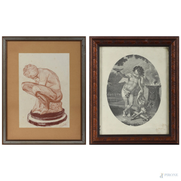 Lotto di un disegno a sanguigna e una stampa, XIX-XX secolo, misure massime cm 45,5x34 compreso passepartout entro cornice, (difetti)