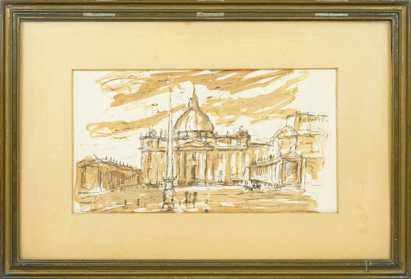 Artista del XX secolo, Piazza San Pietro, disegno a inchiostro bruno su carta, cm 32x44, entro cornice, (difetti)