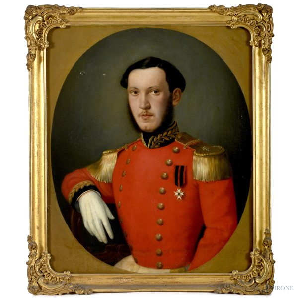 Ritratto di militare in uniforme, XIX secolo, olio su tela, cm 80x67 entro cornice, (difetti)
