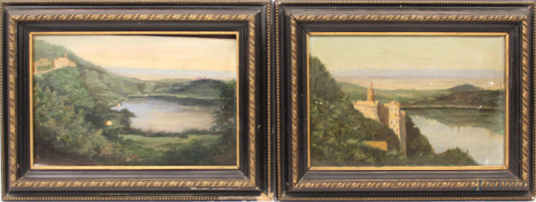 Coppia di dipinti raffiguranti Veduta del lago di Nemi e di Bracciano, oli su tavola,  cm 18 x 28 cm, entro cornici.