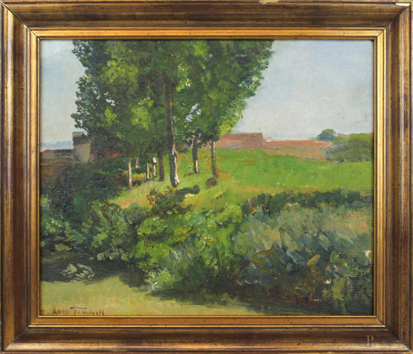 Paesaggio con alberi, olio su tela applicata su tavola, cm 38x46, firmato, entro cornice.