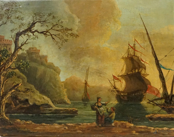Charles Francoise Grenier de Lacroix (Marsiglia 1700-Berlino, 1779/1782) cerchia di, Paesaggio costiero mediterraneo con il Castello di Castellammare di Stabia e galeone spagnolo, olio su tela, cm 42,2x53,7