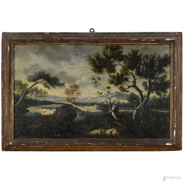 Paesaggio con figure, XVIII secolo, olio su tela, cm 40x66 entro cornice, (difetti)
