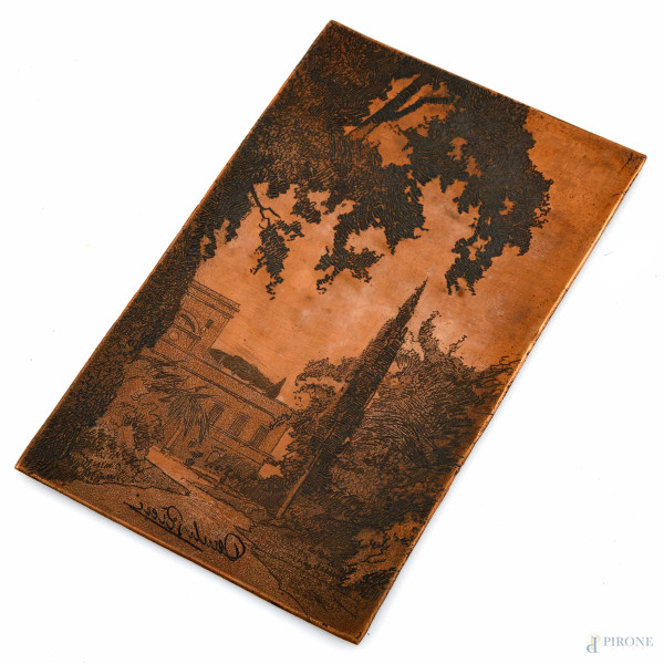 Scorcio di villa con alberi, lastra calcografica, cm 17,5x10,5, firmata in basso a sinistra, (segni di usura). 