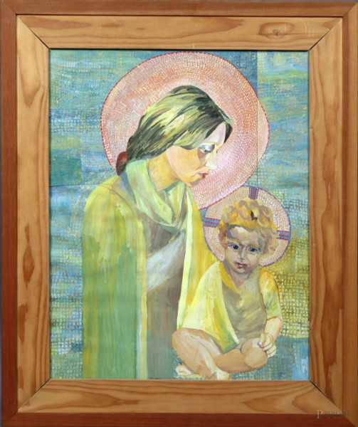 Madonna con Bambino, tecnica mista su cartone, cm. 51x41, entro cornice.