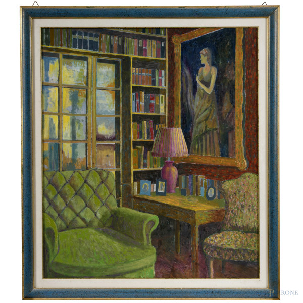 Lo studio, XX secolo, olio su masonite, cm 80x70, entro cornice, (piccoli sollevamenti di colore)