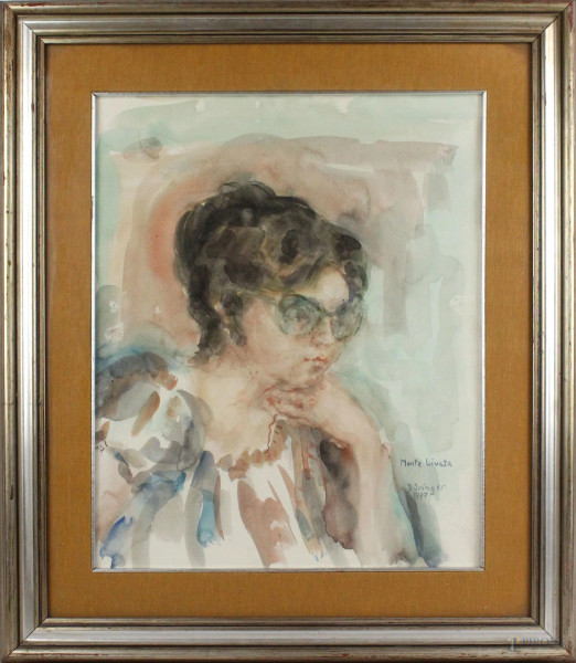 Ritratto di donna con occhiali, acquarello su carta, cm 47x37, firmato e datato Duringer 1977, entro cornice