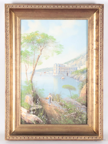 Girolamo Gianni, (1837-1895) Veduta del Golfo di Napoli con Palazzo Donn'Anna, tecnica mista su carta, cm 43,5x61,4 compreso passepartout, firmato in basso a sinistra, entro cornice, (lievi tracce di umidità e ondulazioni della carta)