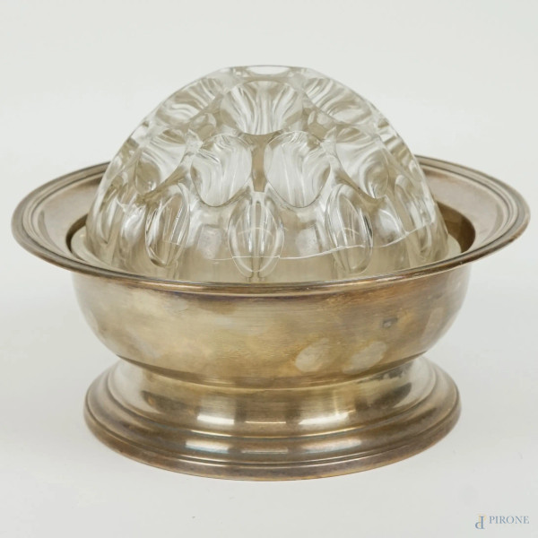 Portafiori in argento e vetro, Ricci, Alessandria, seconda metà XX secolo, cm h 15x20, peso netto gr. 320, (difetti)