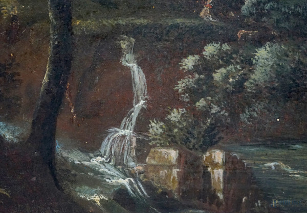 Paesaggio con ruscello, sec. XVIII-XIX, olio su tela, cm 57,5x66,5, entro cornice, (difetti)