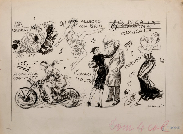 Luigi Bompard (1879 - 1953), Musica!, inchiostro su carta, firmato in basso a destra, cm 26x35,5 (lievi segni di usura del tempo)