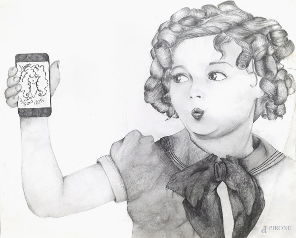 Bozzetto cinematografico raffigurante Shirley Temple in una scena di film, grafite su carta, cm 56x46, iscritto al retro Isabella Frigerio