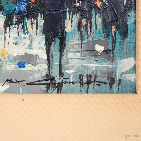 Foule rentrant chez soi, olio su tela, cm 16x56. Retro: titolato, firmato e datato "1958", entro ...