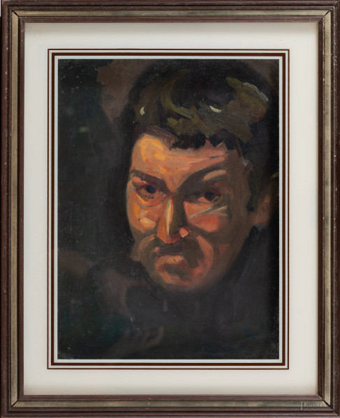 Ritratto virile, XX secolo, olio su compensato, cm 48x33, entro cornice, (segni di usura)