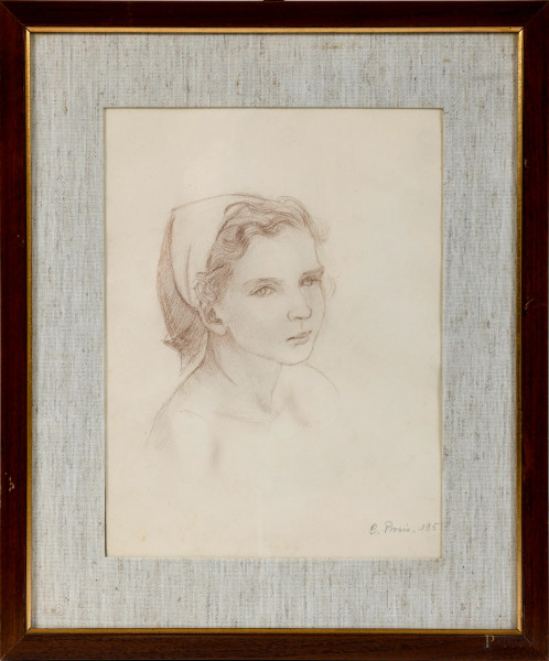 Testa di fanciulla, XX secolo, grafite su carta, cm 38x31 compreso passepartout, firmato e datato in basso destra, entro cornice