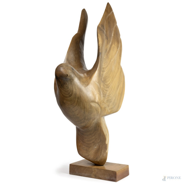 Scultura in legno rappresentante una colomba, base lignea rettangolare, XX secolo, altezza cm 89 (difetti)